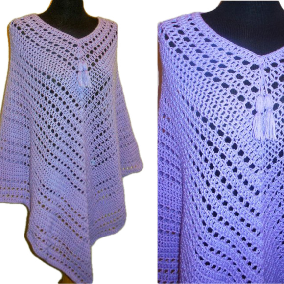 Poncho Crochet Lavender Tussled Exclusive Handmade - Picture 1 of 7